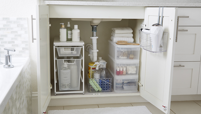 how to organize your under bath sink cabinet | the container store