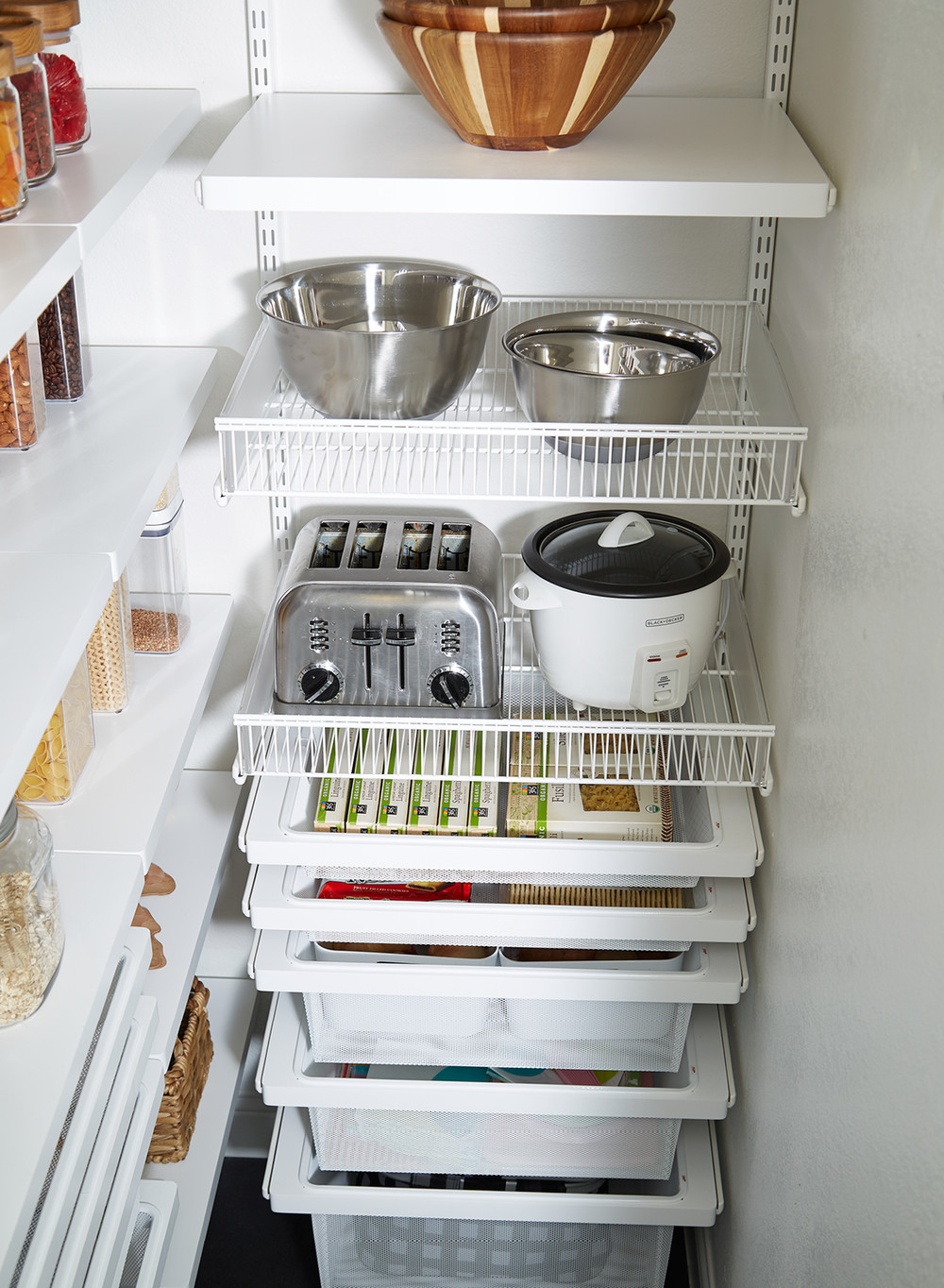 Design Elfa Pantry this pantry gets perfected with an elfa transformation container ventilated shelf baskets allowed stephanie to store her bulkier items that didnt fit below cabinets now slow cook