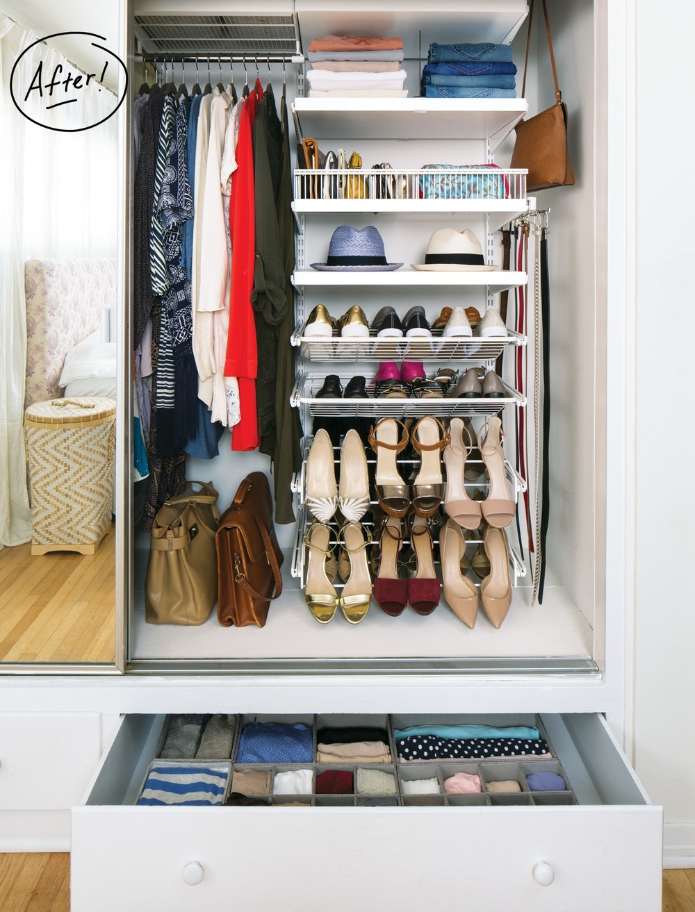 A Sunny California One Bedroom Gets An Elfa Closet Overhaul Featured Products White Elfa Decor Grey Drawer Organizers Chevron Bamboo Hamper