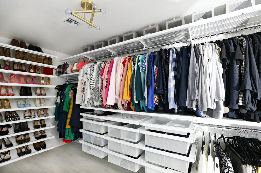 Master Closet Makeover For Savannah Of Cly Clutter Hgtv Featured Products White Elfa Décor Grey Drop Front Shoe Box Sweater Joy Mangano Black Huggable Hangers